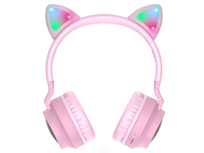 Casti cu urechi de pisica wireless Hoco W27, cu LED, roz