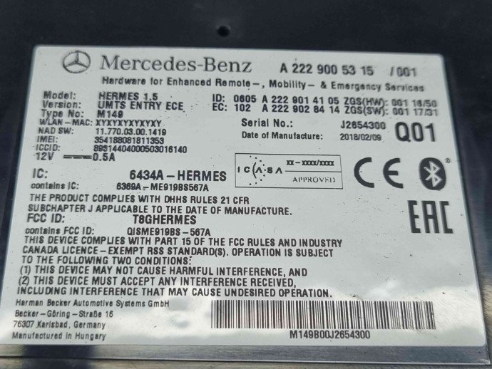 Modul bluetooth Mercedes Clasa C Combi (W205) [Fabr 2015-prezent] A2229005315