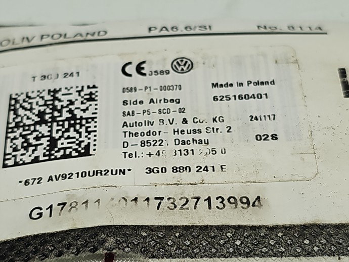 Airbag lateral stanga Volkswagen Passat B8 (3G2) [Fabr 2015-prezent] 3G0880241E
